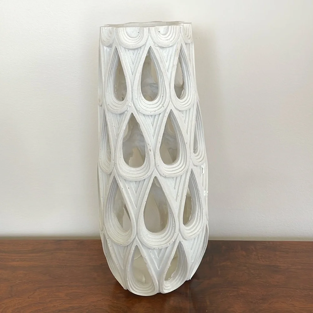 17 Inch Vase - Pierced Cut Out Water Drop Design - Resin - White Finish
